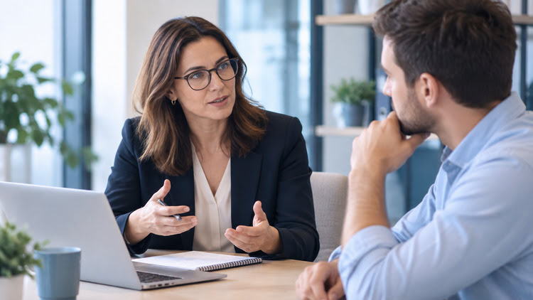 Une gestionnaire donne un feedback à un collaborateur